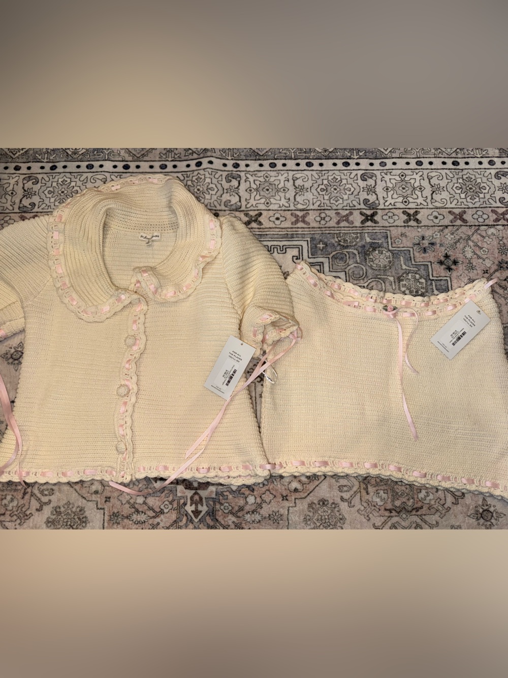 For Love and Lemons Cream Knit Cardigan with Pink Ribbon Detail